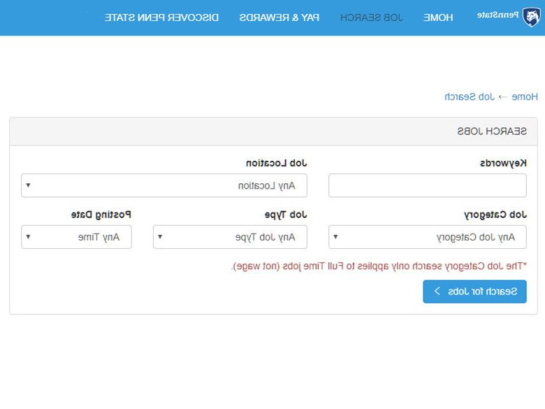 Screenshot of search fields at Penn State Jobs site
